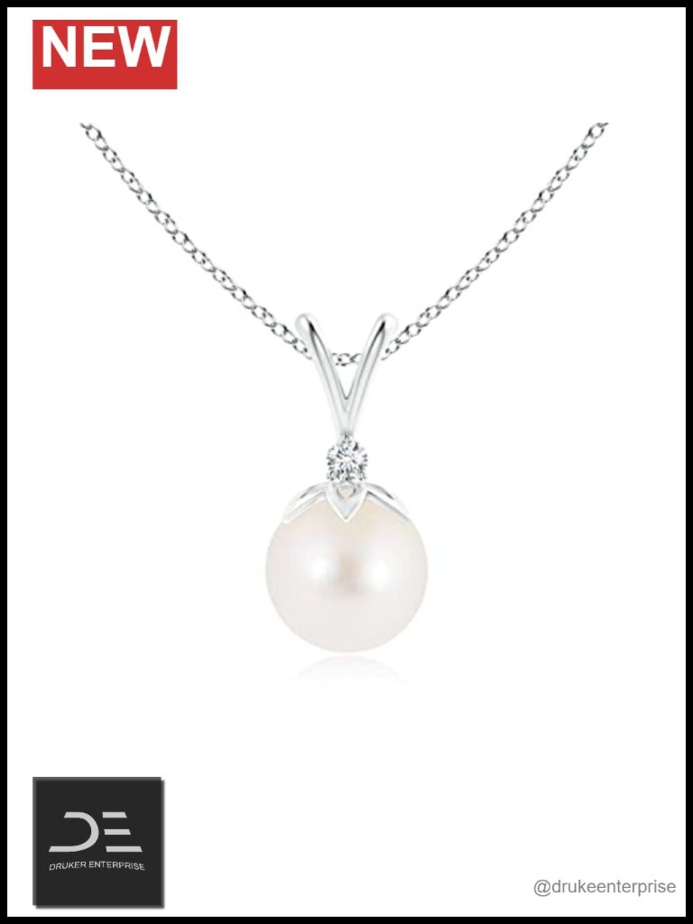Freshwater Pearl V-Bale Pendant Necklace Diamond Sterling Silver